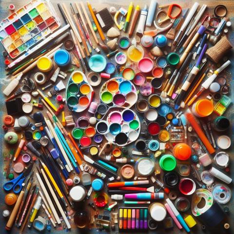 A collection of paints, markers, and other artistic tools