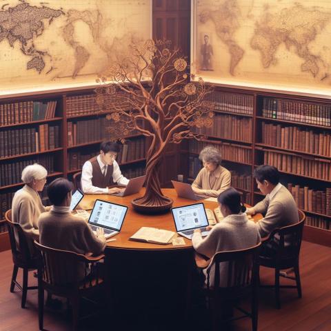 A group of people around a table, researching. A family tree sits in the center.