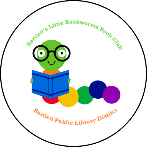 A rainbow inchworm holding a book with the text "Bartlett's Little Bookworms Book Club" on the top of the circle and "Bartlett Public Library District" along the bottom.
