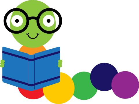 A rainbow inchworm wearing round glasses and a smile is holding a blue book