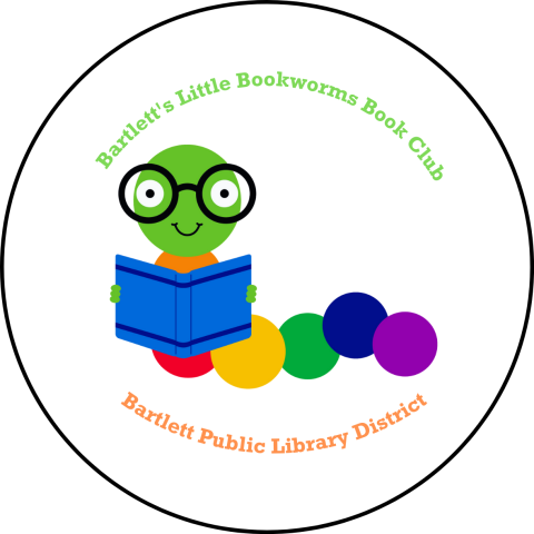 a rainbow inchworm wearing glasses and holding a book. The words "Bartlett's Little Bookworms Book Club" is arched over the top of the image and the words "Bartlett Public Library District" is arched at the bottom.