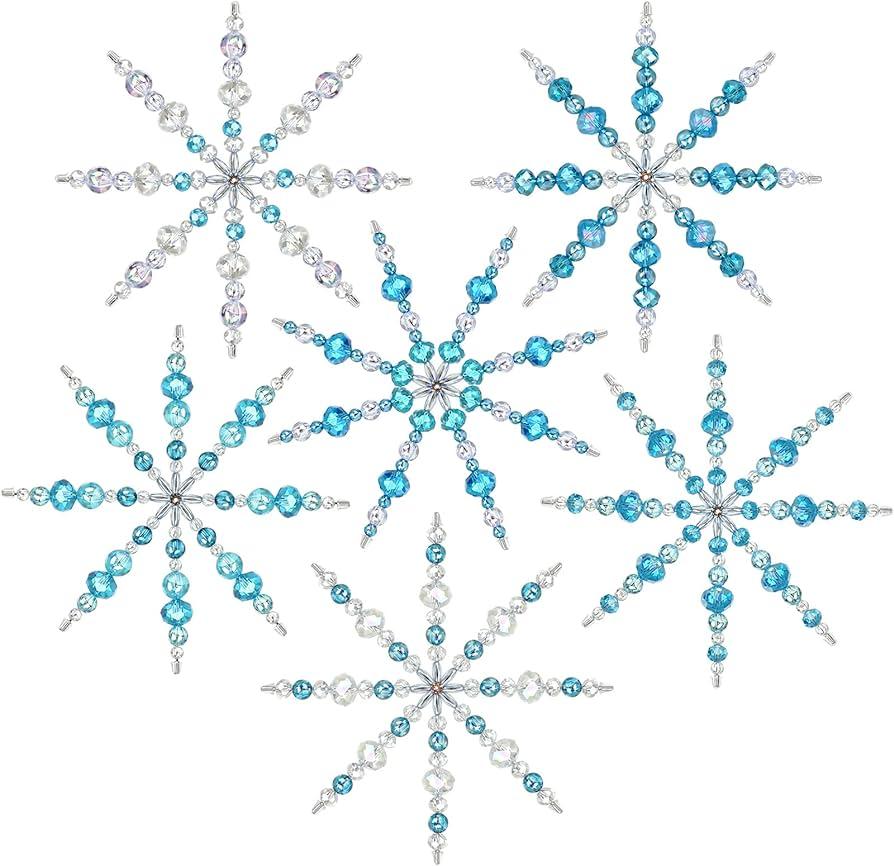 wire snowflakes with an assorment of white and blue beads